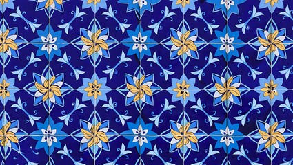 Detailed Blue and Yellow Floral Tile Pattern for Backgrounds and Designs