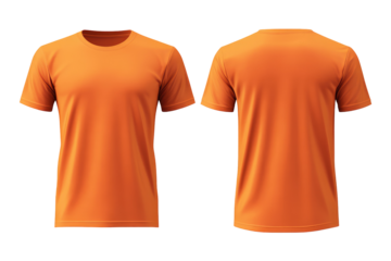 Orange t shirt displayed with front and back views on a black background studio product shot image