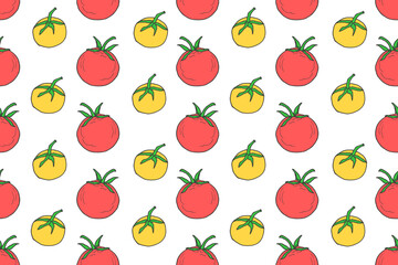 Seamless pattern with red and yellow tomatoes. Vegetable print for kitchen textiles, packaging, ketchup background, harvest festival banner.