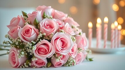 Obraz premium Elegant pink rose bouquet rests on a table near delicate pink candles, perfect for celebrating anniversaries, birthdays, or romantic events. The soft lighting enhances the flowers beauty.