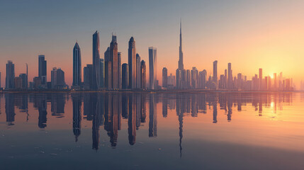 A stunning 3D image of Dubai's skyline at sunrise. Luxury skyscrapers rise up, showcasing the city's beauty