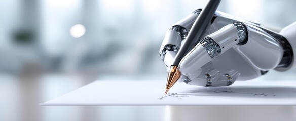 The robotic hand expertly writing with a gold-tipped pen on paper.