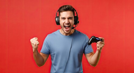Excited person with headset and controller in front of a red backdrop. He is in a blue shirt showing a gesture of victory with clenched fist. The image focus on his expression of excitement