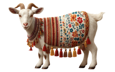 Decorated goat for Eid celebration, full-body PNG with festive tassels and clean shadowless composition. Symbolizes tradition, sacrifice, and cultural festivity for Eid al-Adha.


