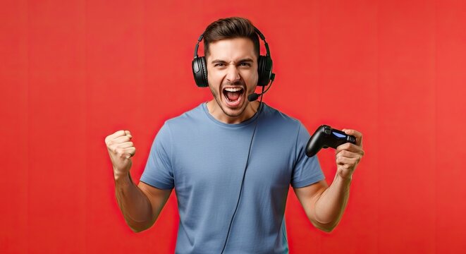 Excited person with headset and controller in front of a red backdrop. He is in a blue shirt showing a gesture of victory with clenched fist. The image focus on his expression of excitement