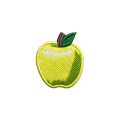 Vibrant embroidered patch of green apple with leaf, showcasing intricate stitching and playful design. Ideal for clothing embellishments or craft projects