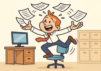 Funny cartoon of an excited man spinning on office chair with papers in the air. concept of joyful workplace, comic happy employee, office fun, success at work, energetic celebration