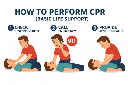 Step-by-step guide on how to perform cpr with basic life support instructions. concept of emergency response, life-saving skills, health education, first aid, safety awareness. White background