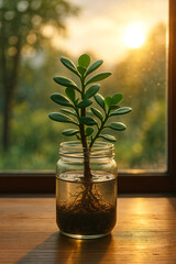 Jade Plant in Glass Jar with Sunshine Background &ndash; Peaceful Indoor Nature Decor