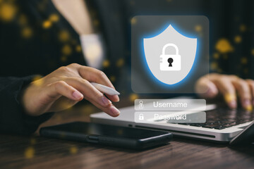 Hand using digital pen with login interface and security shield icon. Represents cybersecurity, data protection, online privacy, login system, and secure digital access.