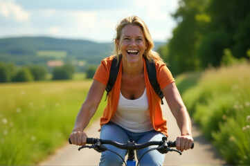 Naklejka premium A woman rides her bicycle down a dusty dirt road, surrounded by nature
