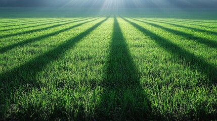 Sunlight casts parallel shadows across a vibrant green field