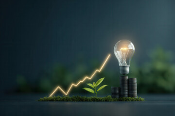 A light bulb representing innovative ideas shines above a small green plant growing from a mound of coins, symbolizing the rise of eco-friendly business practices related to sustainability