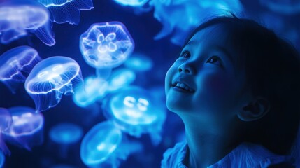 Asian child gazing at glowing jellyfish in aquarium with wonder and curiosity National Zoo and Aquarium Month
