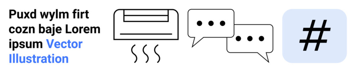 Air conditioner emitting cool air, chat bubbles for conversation, and metadata tag for trends and digital topics. Ideal for technology, communication, social media, discussion, climate, networks