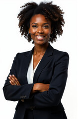 A professional woman stands confidently with her arms crossed, conveying a sense of authority and confidence