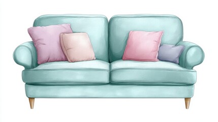 Naklejka premium Light blue sofa with pastel cushions on wooden legs