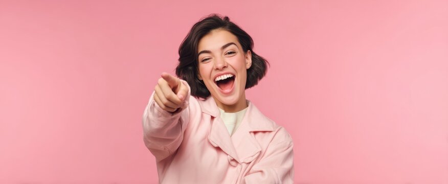 The joyful woman in a pink jacket pointing and smiling at the camera. - Powered by Adobe