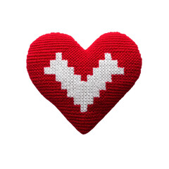 Red crocheted heart with white pixelated arrow design in center, symbolizing love and affection. handmade texture adds cozy and warm feel, perfect for Valentine Day or romantic themes