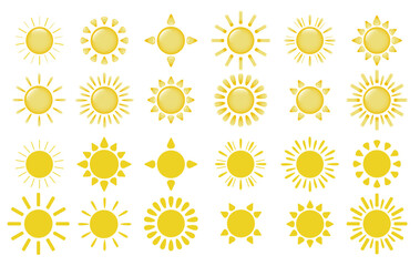 A set of three-dimensional and flat sun icons on a white background. A collection of cartoon suns. Logo, sun sticker. The concept of summer and weather. Vector EPS 10.
