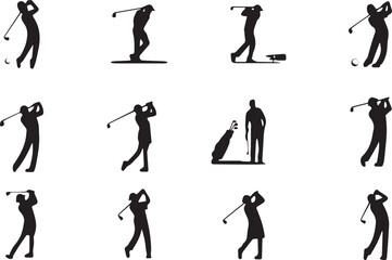 Black silhouettes set of professional golf players in different poses