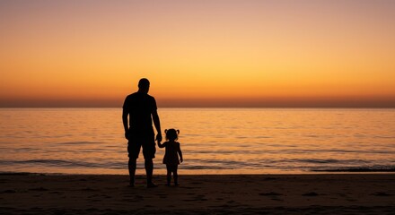 Father and Daughter at Sunset Beach Looking at Horizon