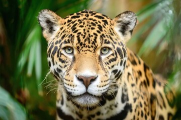 Jaguar Portrait Captivating Gaze Majestic Feline Amidst Lush Foliage