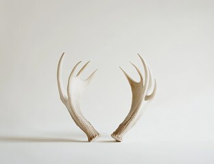 Two delicate white deer antlers, symmetrical, on plain background