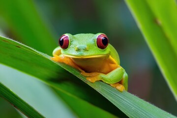 Naklejka premium A Colorful Frog with Red Eyes Sitting on Green Leaf