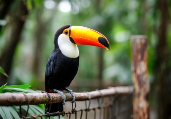 Fototapeta premium A Vibrant Toucan Perched on a Rustic Wooden Fence
