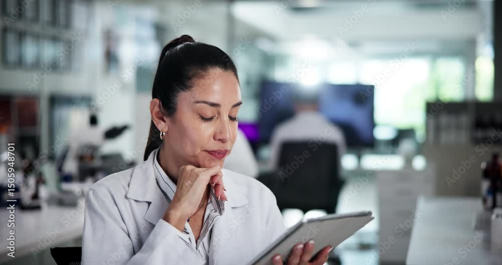 Poster scientist, woman and tablet in laboratory for research, problem solving or thinking of development. 
