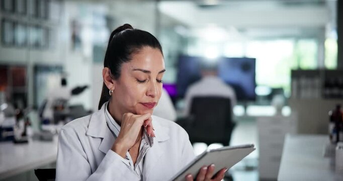 Scientist, woman and tablet in laboratory for research, problem solving or thinking of development. Medical, science and doctor with technology for pharma, insight and scroll peer review journal
