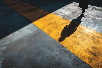 Shadow Walk: A solitary figure walks across a textured surface, casting a long shadow that stretches across a contrasting yellow line.