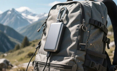 Tactical Hiking Backpack with Portable Power Bank Attached via Carabiner Against Mountainous Landscape with Snow-capped Peaks