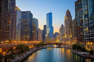 Obraz premium Chicago Cityscape at Dawn Urban Scene Along the Riverwalk