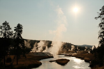 Beautiful steaming scenery at Yellowstone National Park Wyoming