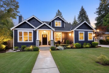Inviting Exterior of a House with Beautiful Lawn at Dusk