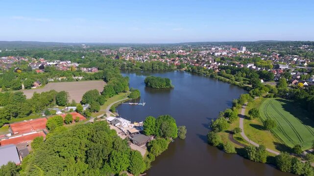 Drone view of Lake Aasee in Ibbenbueren, Germany