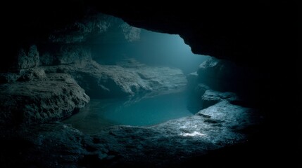 Light spills into a mysterious cave, illuminating rock formations and a pool, creating a sense of wonder.