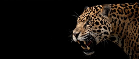 Naklejka premium Aggressive Jaguar Snarling With Open Mouth Against Black Background