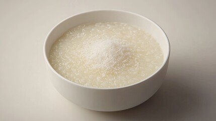 Tapioca pudding (Cuscuz Doce) with coconut flakes and cinnamon, served in white bowl