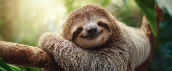 Fototapeta premium The charming sloth resting on a tree branch in a lush rainforest setting.