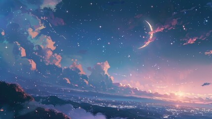 Fototapeta premium Illustration in anime style of dreamy purple twilight sky with crescent moon, stars. Fantasy landscape