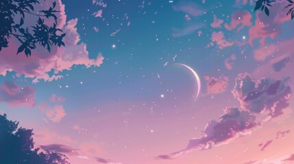 Fototapeta premium Illustration in anime style of dreamy purple twilight sky with crescent moon, stars. Fantasy landscape