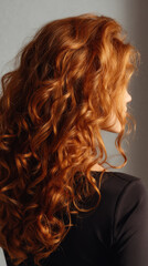Naklejka premium Voluminous red curly hair of woman back view with soft natural light and smooth skin tone