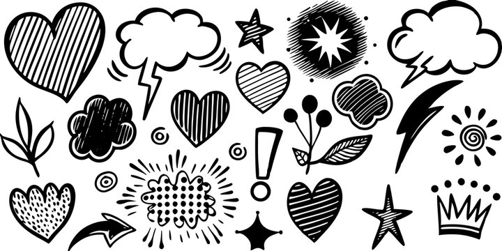 Line marker hand drawn brush arrow element set. Sketch pencil stroke vector graphic pen underline scribble icon. Hand drawn line heart, crown, star symbol highlight marker shape. Vector illustration