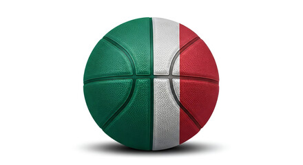 A basketball painted with the italian flag colors of green white and red on a white background
