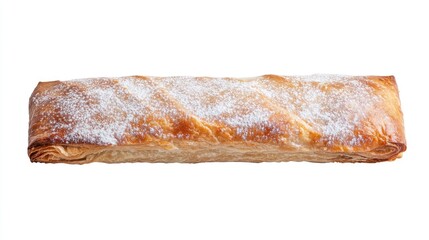 Traditional German apple strudel with powdered sugar, rolled pastry dessert, white background