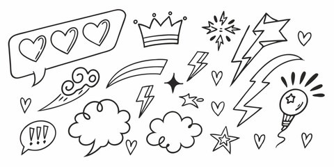 Obraz premium Line marker hand drawn brush arrow element set. Sketch pencil stroke vector graphic pen underline scribble icon. Hand drawn line heart, crown, star symbol highlight marker shape. Vector illustration