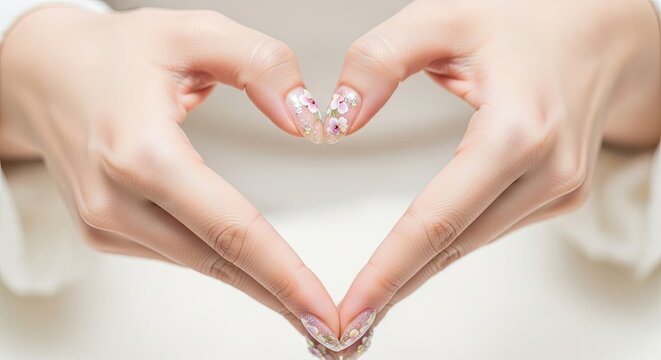 Close up shot of hands forming a heart shape. Decorated nails with floral and rhinestone details. White background provides clean aesthetic and focuses on gesture. - Powered by Adobe